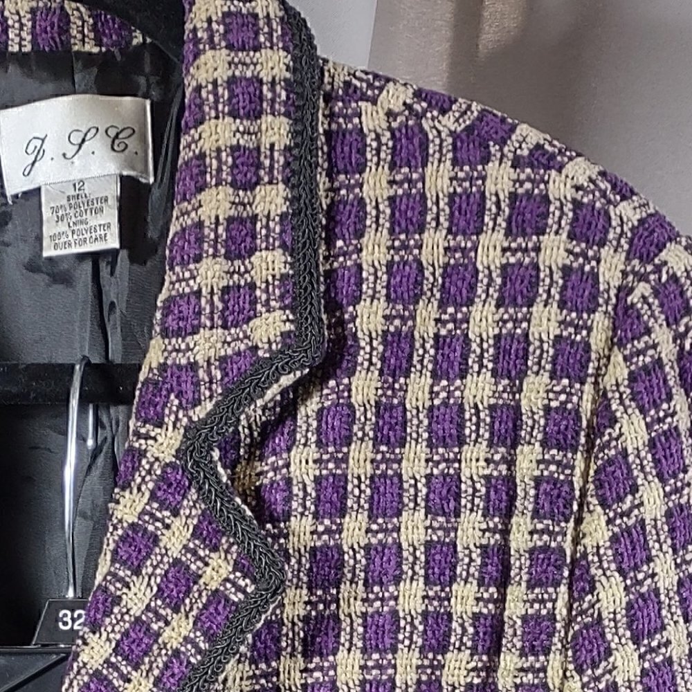 Vintage Y2K JSC Womens 2pc Skirt Suit Sz 12 Purple Cream Boucle 3 Button Lined - Picture 4 of 13